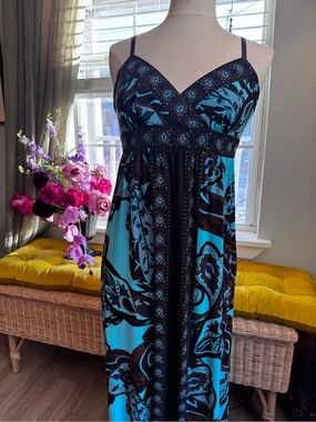 Blue Aqua and Brown Black Printed Spaghetti-Strap Maxi Dress